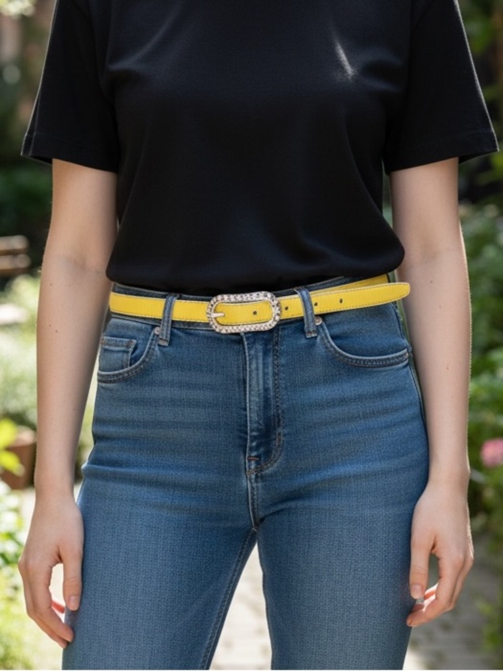 Yellow leather belt with multi color enamel buckle 30” to 35”